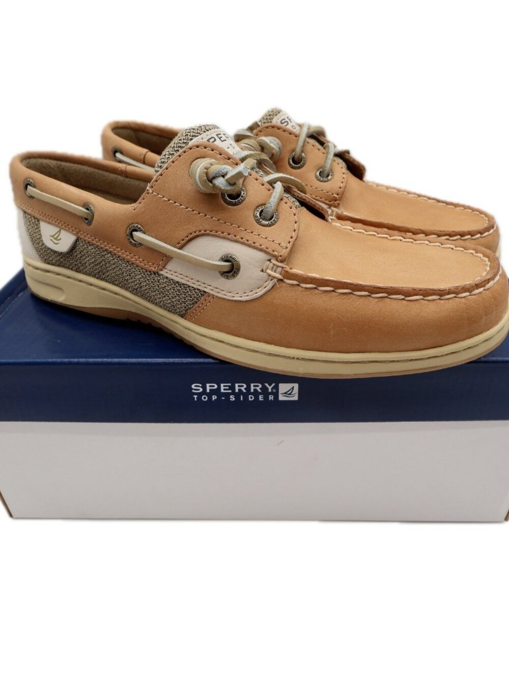 Sperry Ivyfish Boat Shoes Womens 8.5 Tan Leather Linen Oat Nautical Preppy